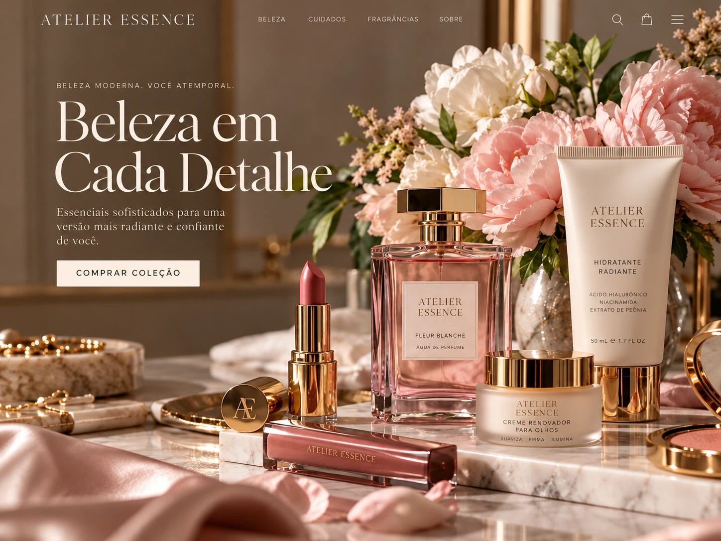 Produtos de beleza em composição elegante para o projeto Atelier Essence